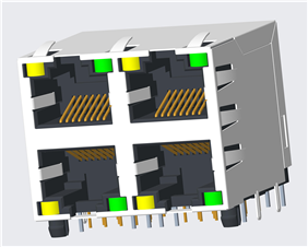 RJ45 5921 ; 2X2 ports ; With LED ; With metal shield（EMI Fingers） . PCB Retaining Post: hollow(Type B）