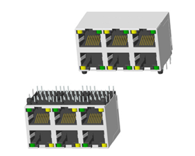 RJ45 5921 ; 2X3 ports ; With LED ; With metal shield ； PCB Retaining Post: hollow(Type B）