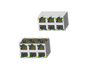 RJ45 5921 ; 2X3 ports ; With LED ; With metal shield（EMI Fingers） . PCB Retaining Post: hollow(Type B）